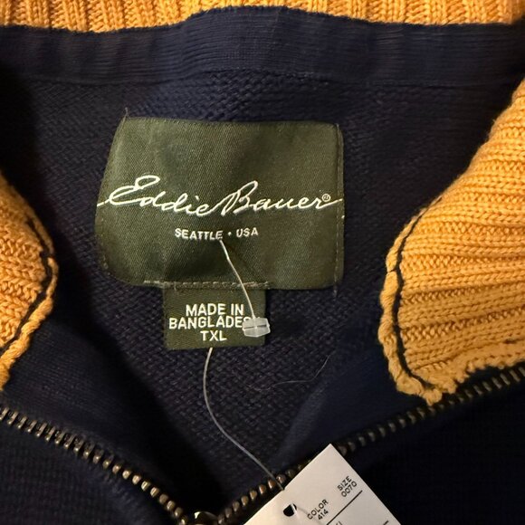 Eddie Bauer XL Tall Mens Navy Yellow Striped 1/4 Zip Sweater 100% Cotton - Picture 3 of 11